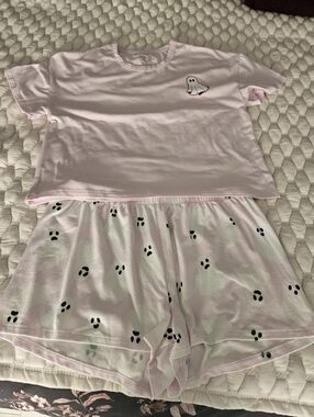 Pink Ghost Pajama Set - Ghost Patch Tee & Printed Shorts